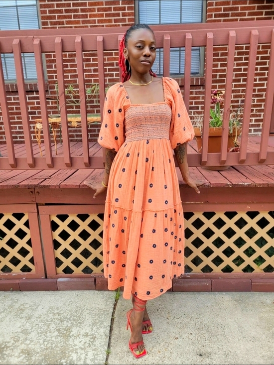 Amazon Dresses & Skirts - Women's Orange Puff Sleeve Smocked Midi Dress